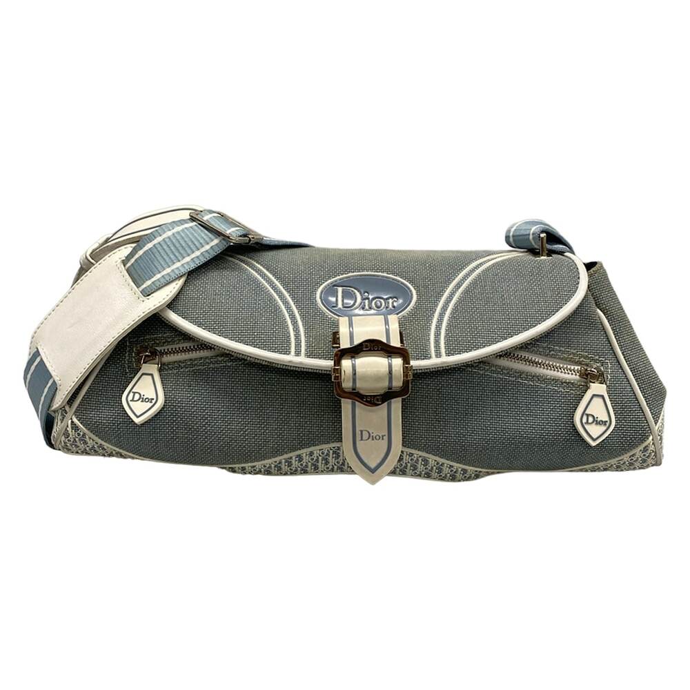 Christian Dior Trotteur Shoulder Bag Light Blue White Canvas Rubber